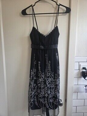 Black Floral Embroidered Spaghetti-Strap Dress Y2k